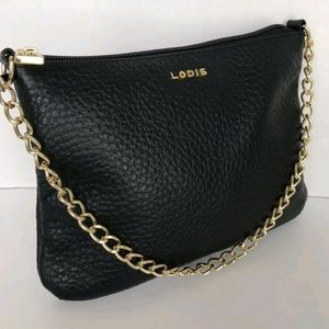 Lodis Black Pebbled Leather Handbag with Gold Chain Handles